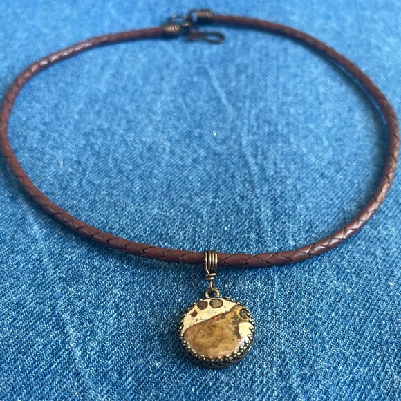 Braided Leather Necklace, Picture Jasper Pendant, Womens Mens Layering Necklace - Picture 5 of 7